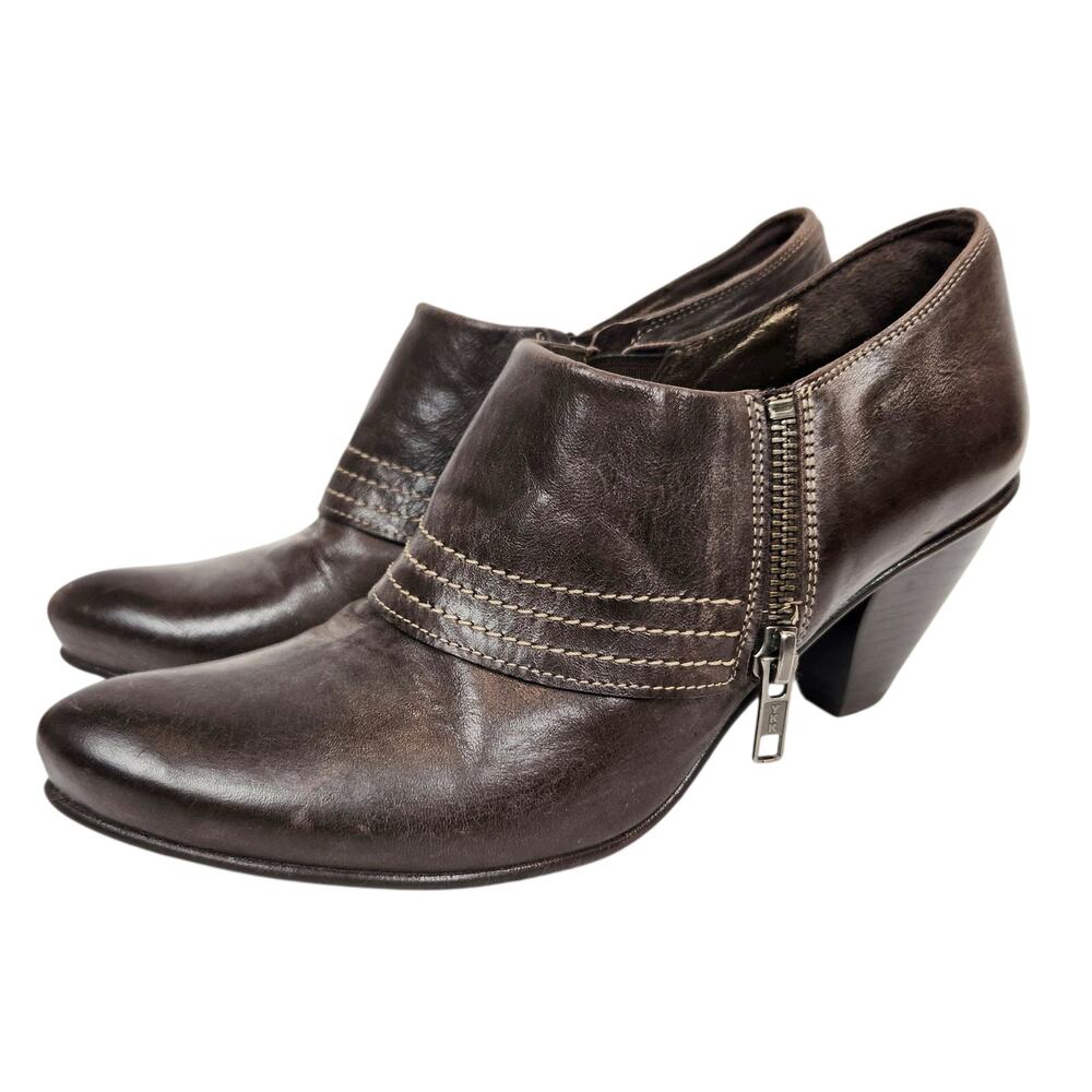 Fidji Women's Brown Leather Block Heel Booties Shoes Size 38 / 7.5